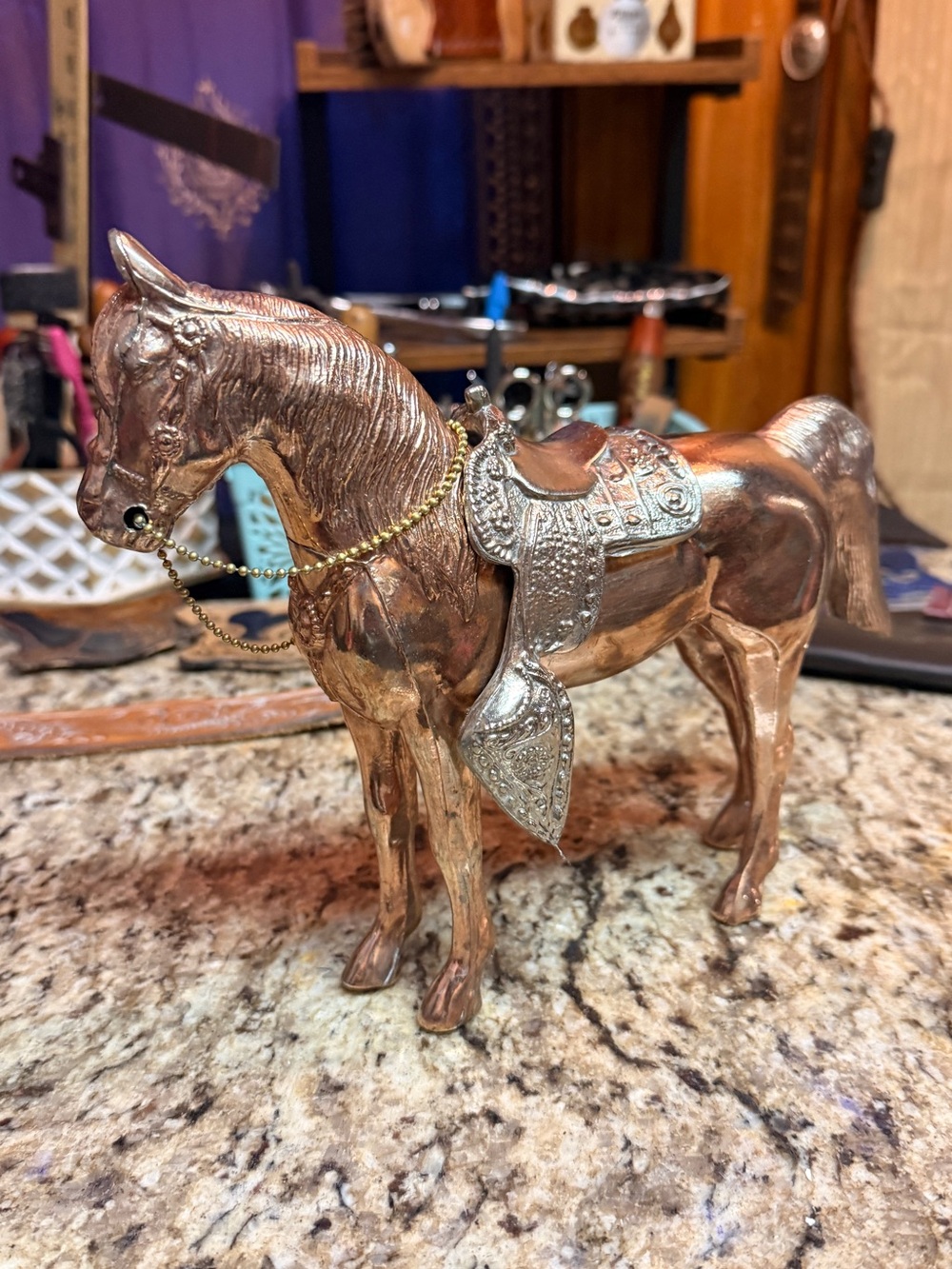 Vintage Mid-Century Cast Metal Western Horse Copper silver saddle
